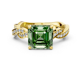 Yellow gold Fancy Green Asscher  Cut Twisted Pavé Band Solitaire Ring with Four-Prong Setting