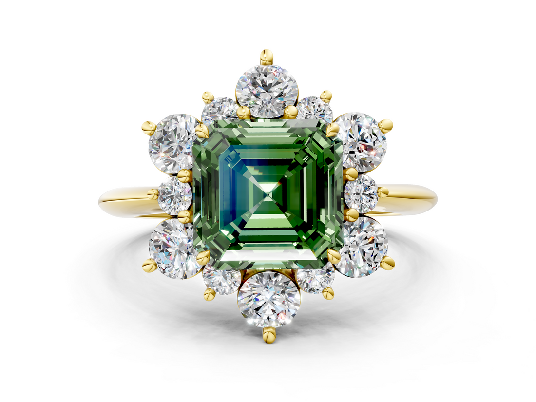 Yellow gold Fancy Green Asscher  Diamond Cluster Halo Ring with Solitaire Band and Four-Prong Setting