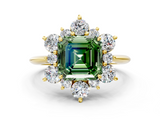 Yellow gold Fancy Green Asscher  Diamond Cluster Halo Ring with Solitaire Band and Four-Prong Setting