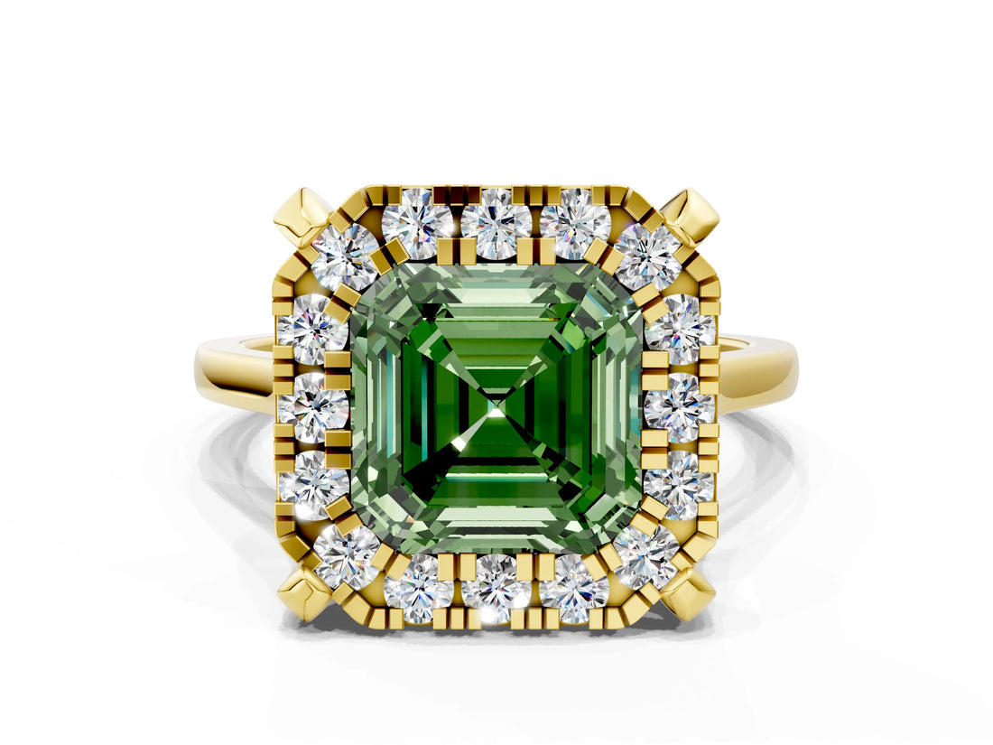 Yellow gold Fancy Green Asscher  Diamond Cluster Halo Solitaire with Four-Prong Setting_23