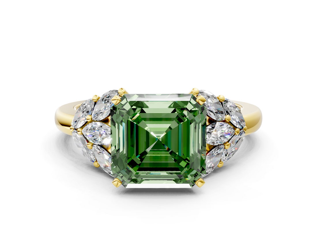 Yellow gold Fancy Green Asscher  Diamond Cluster Leaf Design Ring with Prong Setting_17
