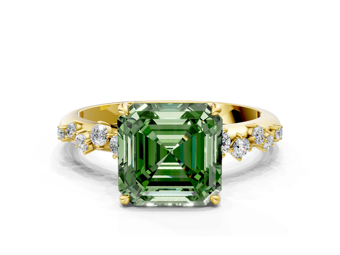 Yellow gold Fancy Green Asscher  Diamond Cluster Prong-Set Solitaire Ring