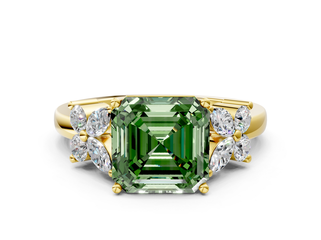 Yellow gold Fancy Green Asscher  Diamond Floral Cluster Ring with Solitaire Band and Prong Setting
