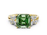 Yellow gold Fancy Green Asscher  Diamond Floral Cluster Ring with Solitaire Band and Prong Setting