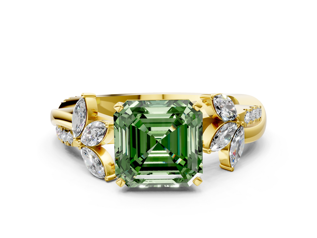 Yellow gold Fancy Green Asscher  Diamond Floral Vine Solitaire Engagement Ring