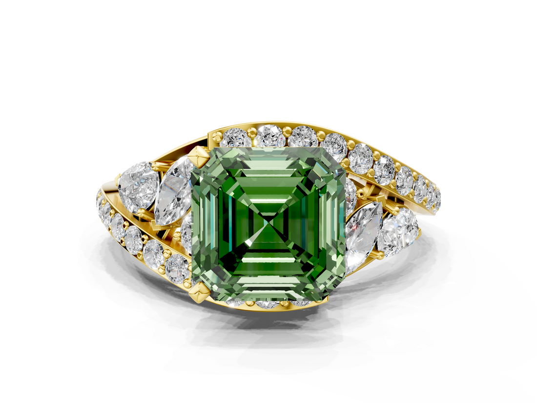 Yellow gold Fancy Green Asscher  Diamond Halo Ring with Marquise and Pavé Band in Prong Setting_17