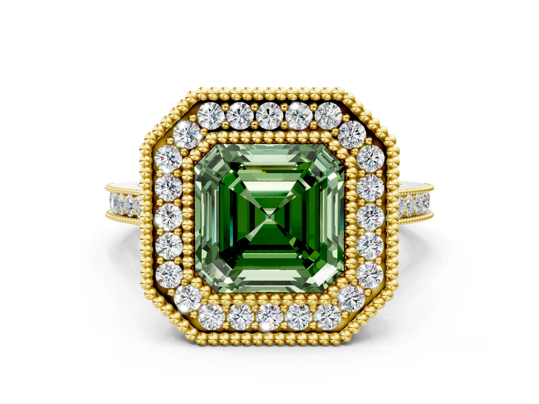 Yellow gold Fancy Green Asscher  Diamond Halo Ring with Milgrain Frame and Pavé Band_23