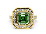 Yellow gold Fancy Green Asscher  Diamond Halo Ring with Milgrain Frame and Pavé Band_23