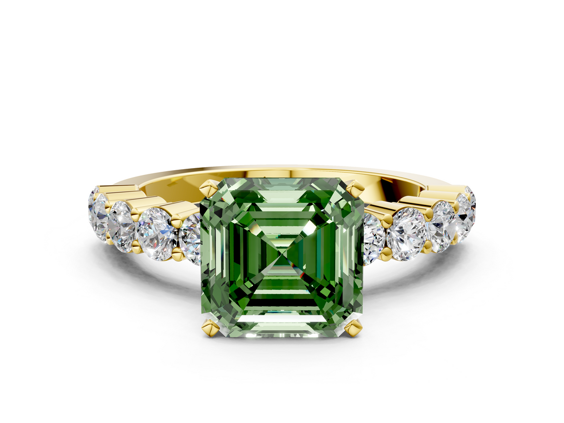 Yellow gold Fancy Green Asscher  Diamond Pavé Band Solitaire with Four-Prong Setting