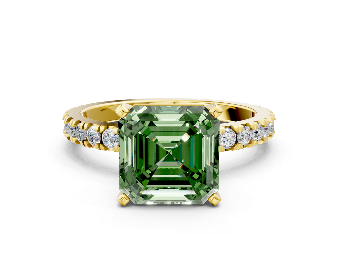 Yellow gold Fancy Green Asscher  Diamond Pavé Band Solitaire with Four-Prong Setting