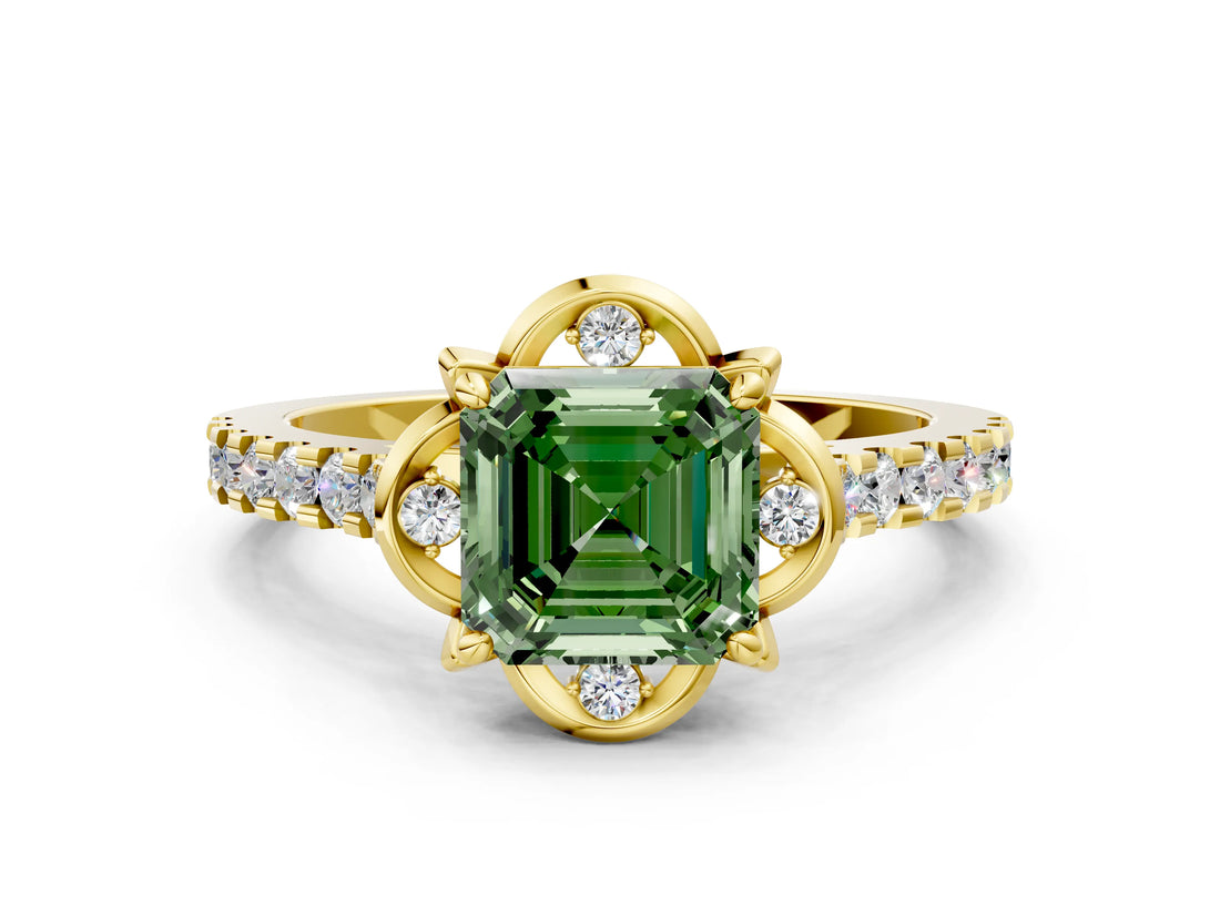 Yellow gold Fancy Green Asscher  Diamond Pave Band with Floral Prong Setting_27