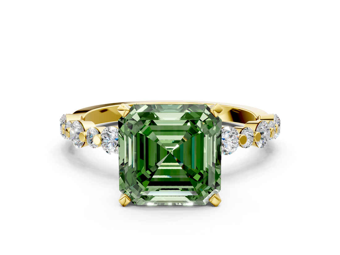 Yellow gold Fancy Green Asscher  Diamond Prong Set Engagement Ring with Pave Band_17