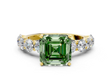 Yellow gold Fancy Green Asscher  Diamond Prong Setting with Side Stones on a Pave Band