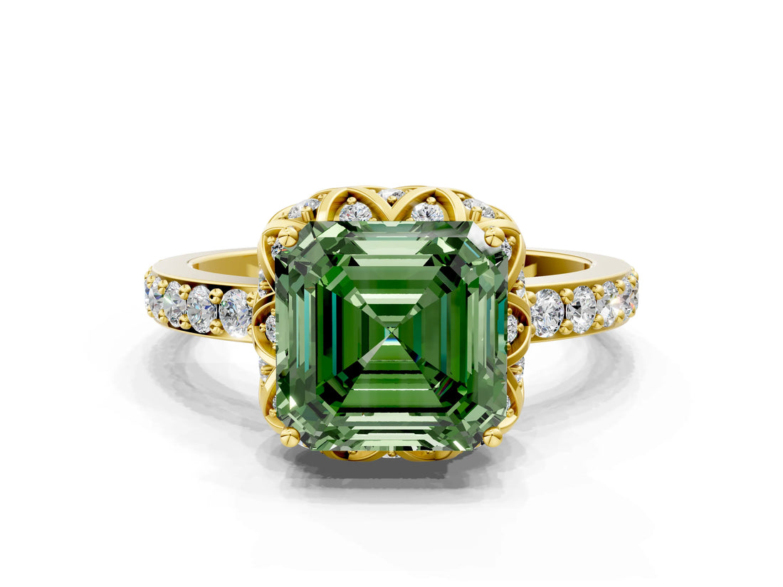 Yellow gold Fancy Green Asscher  Diamond Solitaire Ring with Shared Prong Pavé Band_30