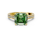 Yellow gold Fancy Green Asscher  Diamond Solitaire with Pave Band and Six-Prong Setting