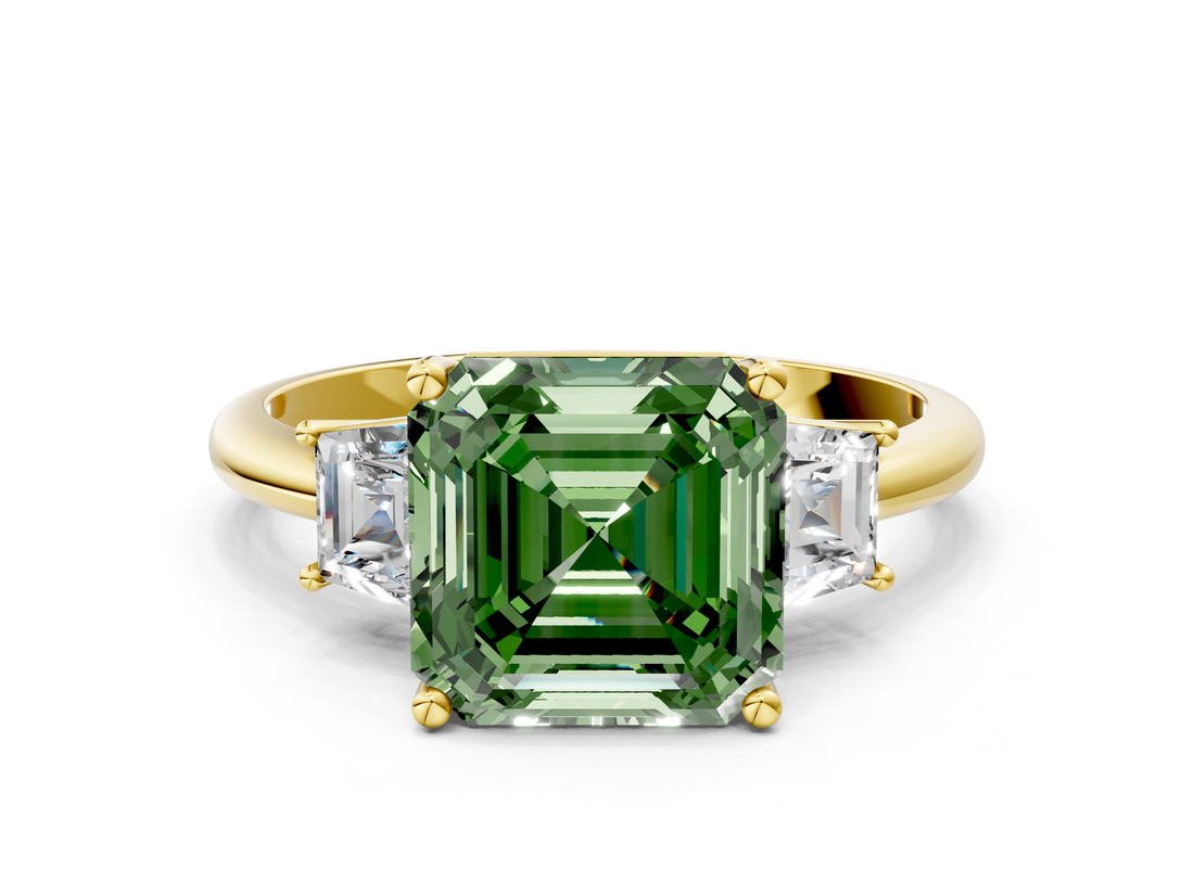 Yellow gold Fancy Green Asscher  Diamond Three-Stone Ring with Trapezoid Side Stones and Prong Setting