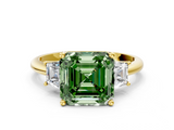 Yellow gold Fancy Green Asscher  Diamond Three-Stone Ring with Trapezoid Side Stones and Prong Setting