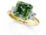 Yellow gold Fancy Green Asscher  Diamond Three-Stone Ring with Trapezoid Side Stones and Prong Setting_1