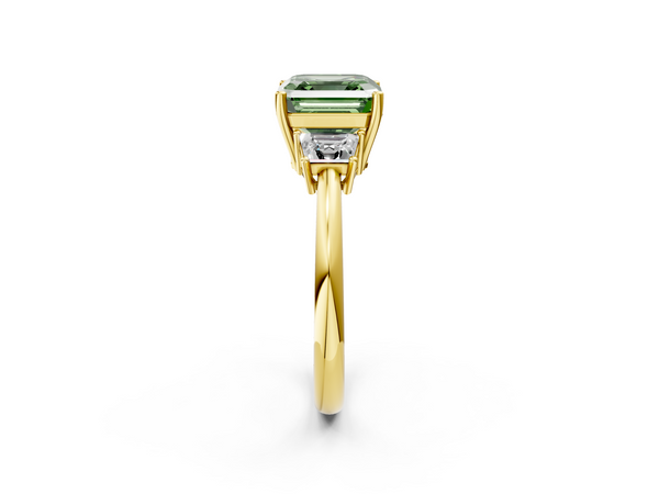 Yellow Gold Asscher Cut Three Stone Engagement Ring Setting for Fancy Green Center with Trapezoid Side Stones