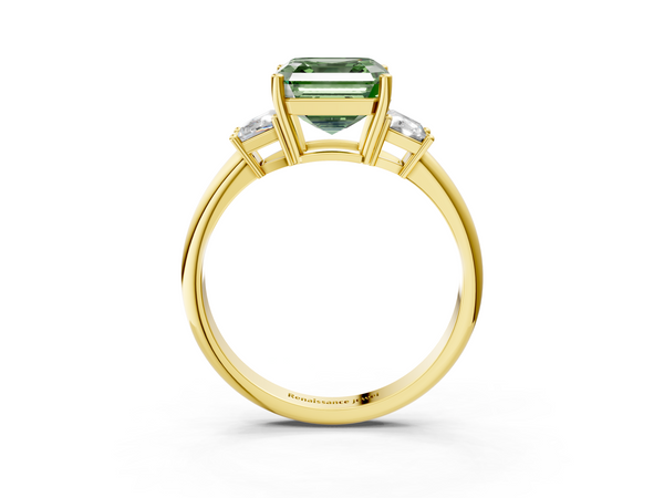 Yellow Gold Asscher Cut Three Stone Engagement Ring Setting for Fancy Green Center with Trapezoid Side Stones
