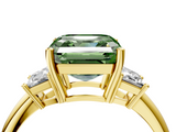 Yellow gold Fancy Green Asscher  Diamond Three-Stone Ring with Trapezoid Side Stones and Prong Setting_4
