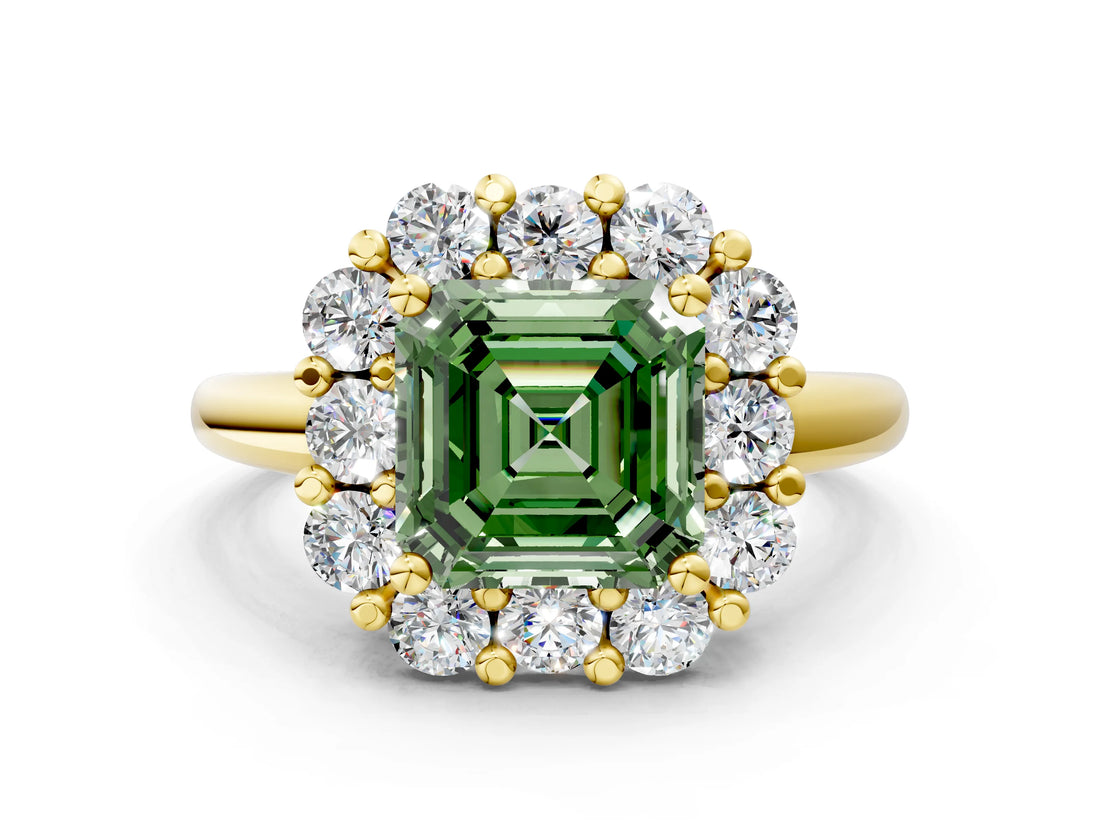 Yellow gold Fancy Green Asscher  Halo Cluster Diamond Engagement Ring with Prong Setting and Polished Band_20