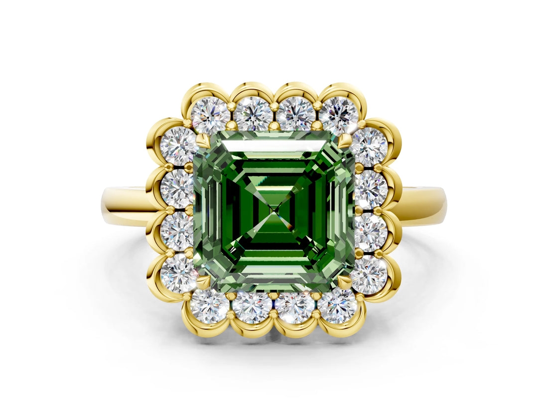 Yellow gold Fancy Green Asscher  Halo Cluster Diamond Engagement Ring with Solitaire Band and Prong Setting_29