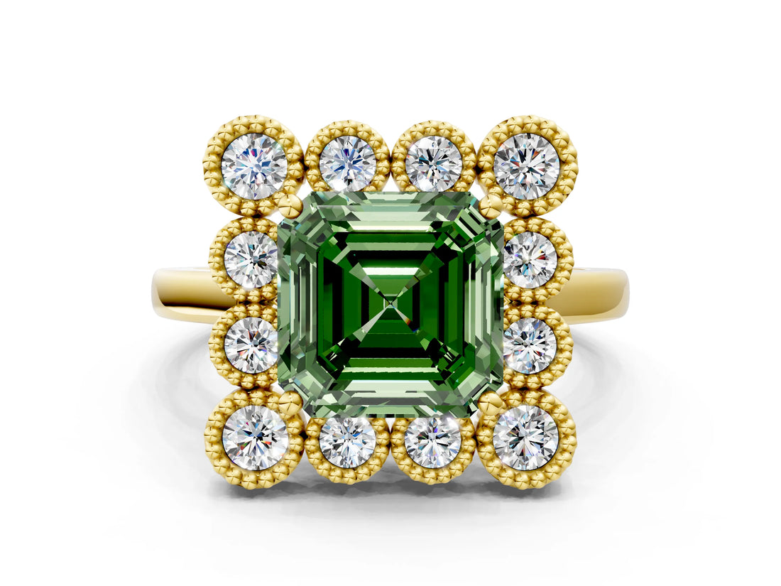 Yellow gold Fancy Green Asscher  Halo Diamond Cluster Engagement Ring with Milgrain Bezel Setting and Solitaire Band_27