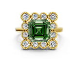 Yellow gold Fancy Green Asscher  Halo Diamond Cluster Engagement Ring with Milgrain Bezel Setting and Solitaire Band_27