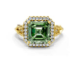 Yellow gold Fancy Green Asscher  Halo Diamond Engagement Ring with Filigree Band and Four-Prong Setting_69