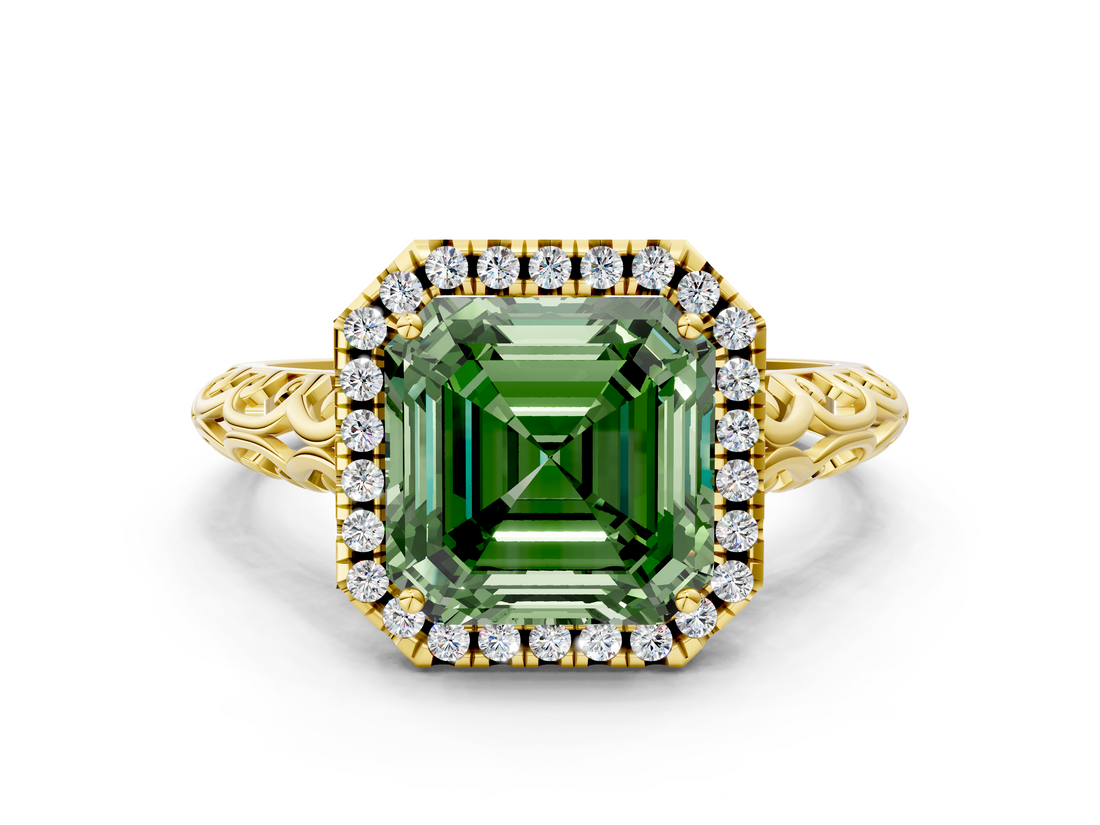 Yellow gold Fancy Green Asscher  Halo Diamond Engagement Ring with Intricate Filigree Band and Four-Prong Setting