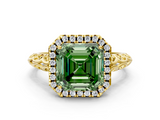 Yellow gold Fancy Green Asscher  Halo Diamond Engagement Ring with Intricate Filigree Band and Four-Prong Setting