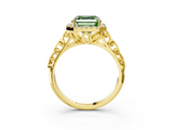 Yellow gold Fancy Green Asscher  Halo Diamond Engagement Ring with Intricate Filigree Band and Four-Prong Setting_3