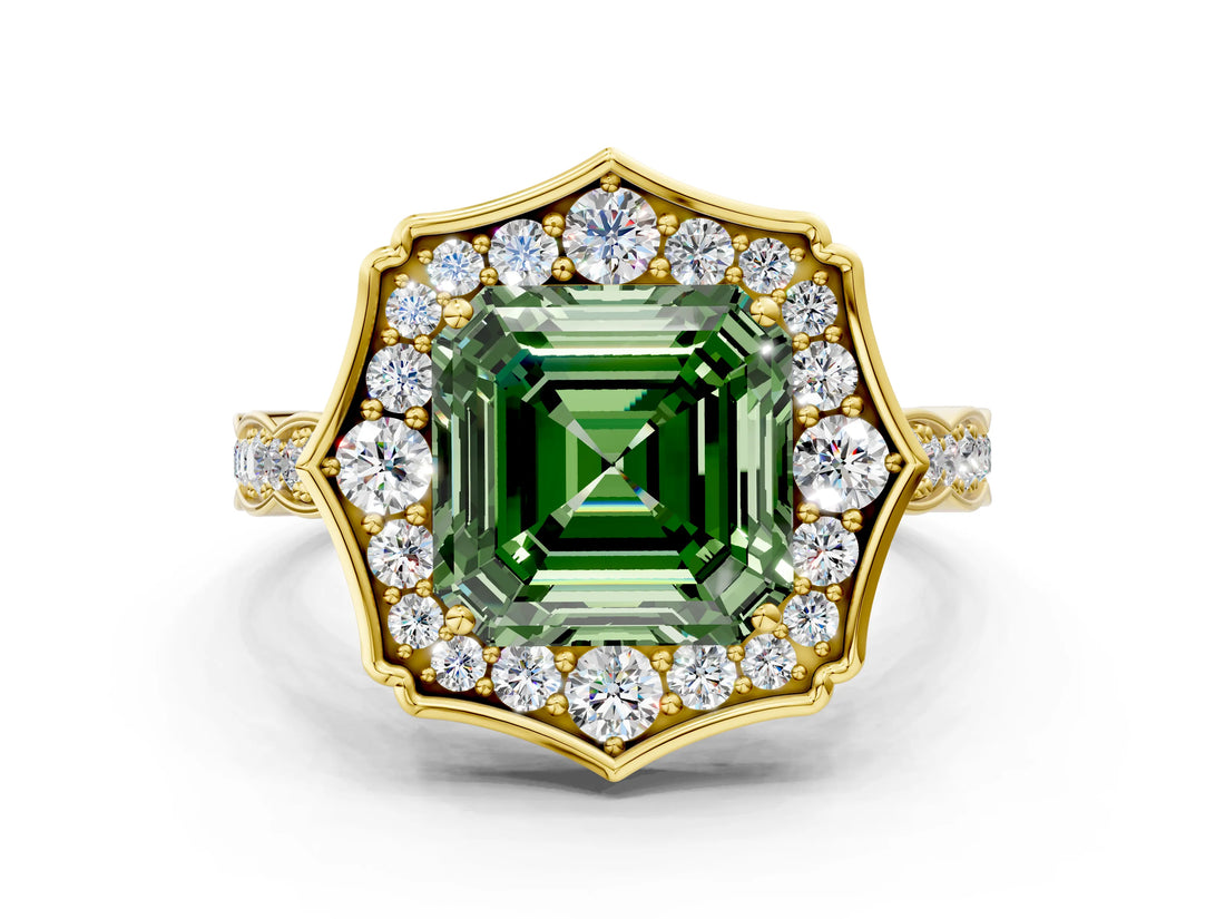 Yellow gold Fancy Green Asscher  Halo Diamond Engagement Ring with Milgrain Band and Four-Prong Setting_34