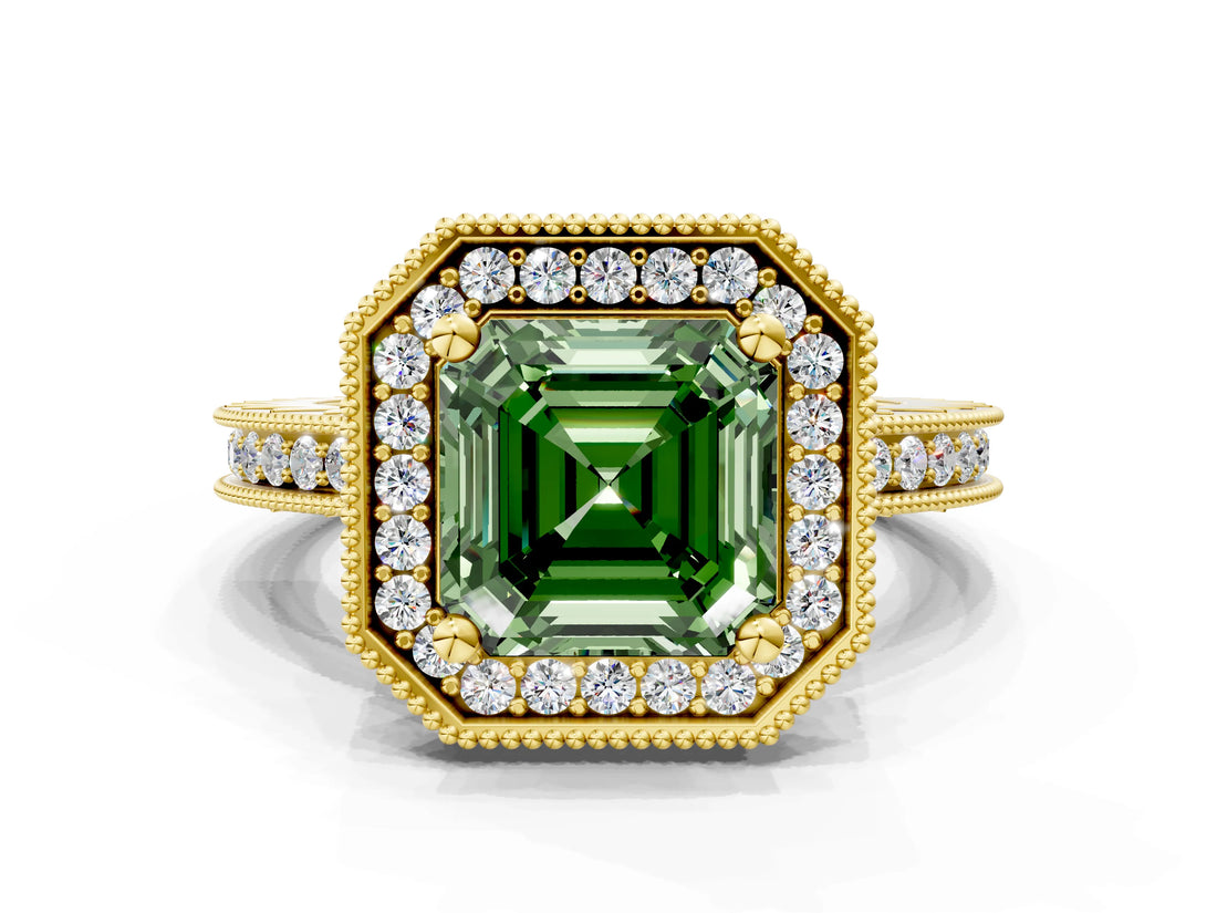 Yellow gold Fancy Green Asscher  Halo Diamond Engagement Ring with Milgrain Pave Band and Four-Prong Setting_12