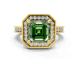 Yellow gold Fancy Green Asscher  Halo Diamond Engagement Ring with Milgrain Pave Band and Four-Prong Setting_12