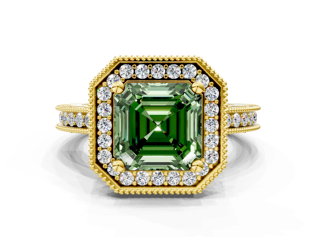 Yellow gold Fancy Green Asscher  Halo Diamond Engagement Ring with Milgrain Pave Band and Four-Prong Setting_51