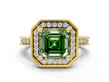 Yellow gold Fancy Green Asscher  Halo Diamond Engagement Ring with Milgrain Pave Band and Four-Prong Setting_51