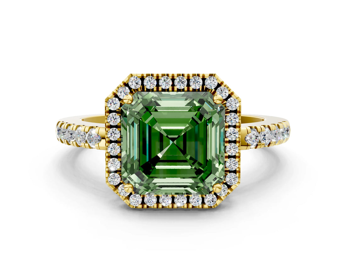 Yellow gold Fancy Green Asscher  Halo Diamond Engagement Ring with Pavé Band and Four-Prong Setting_20