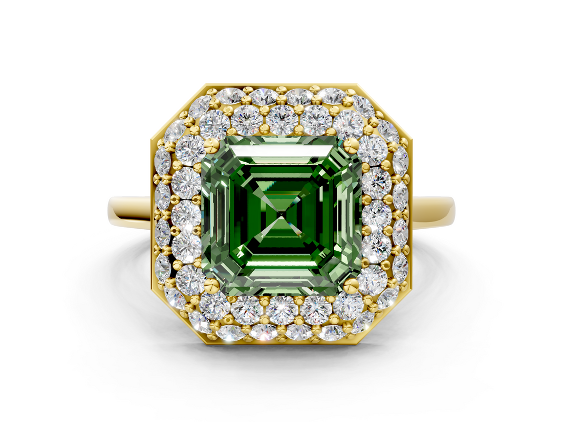 Yellow gold Fancy Green Asscher  Halo Diamond Engagement Ring with Solitaire Band and Four-Prong Setting_17