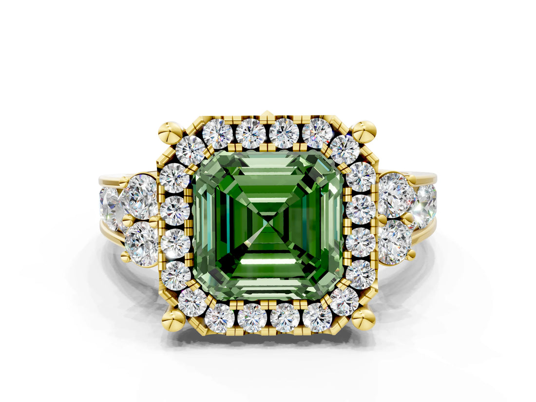 Yellow gold Fancy Green Asscher  Halo Diamond Engagement Ring with Split Shank and Four-Prong Setting