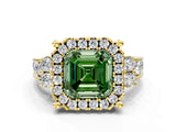 Yellow gold Fancy Green Asscher  Halo Diamond Engagement Ring with Split Shank and Four-Prong Setting