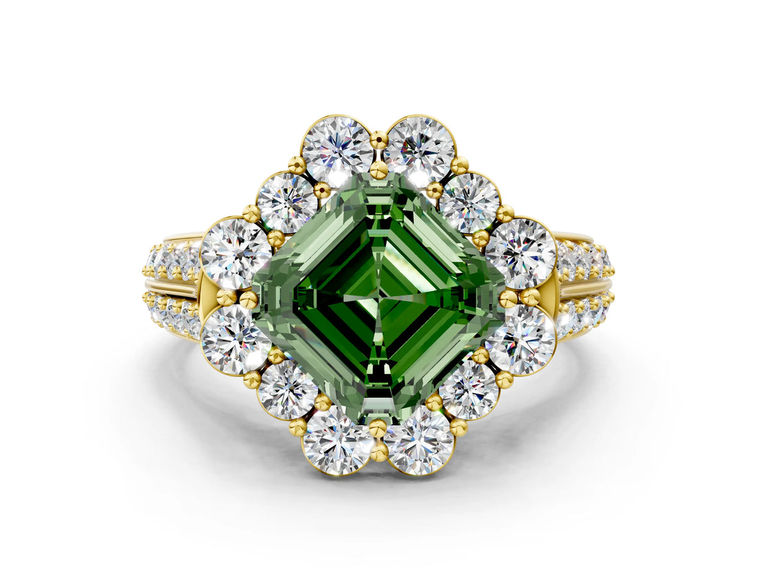 Yellow gold Fancy Green Asscher  Halo Diamond Engagement Ring with Split Shank and Prong Setting_44