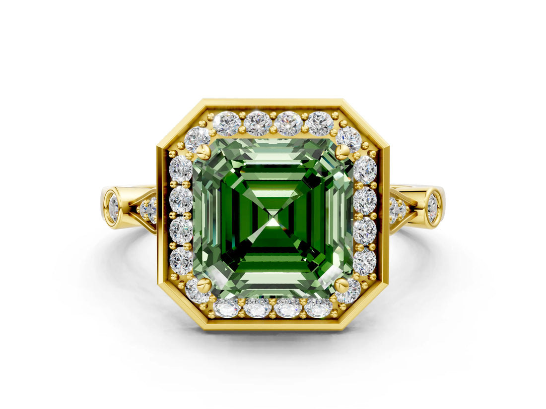 Yellow gold Fancy Green Asscher  Halo Diamond Engagement Ring with Twisted Band and Four-Prong Setting 1