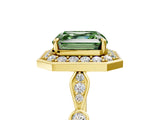 Yellow gold Fancy Green Asscher  Halo Diamond Engagement Ring with Twisted Band and Four-Prong Setting