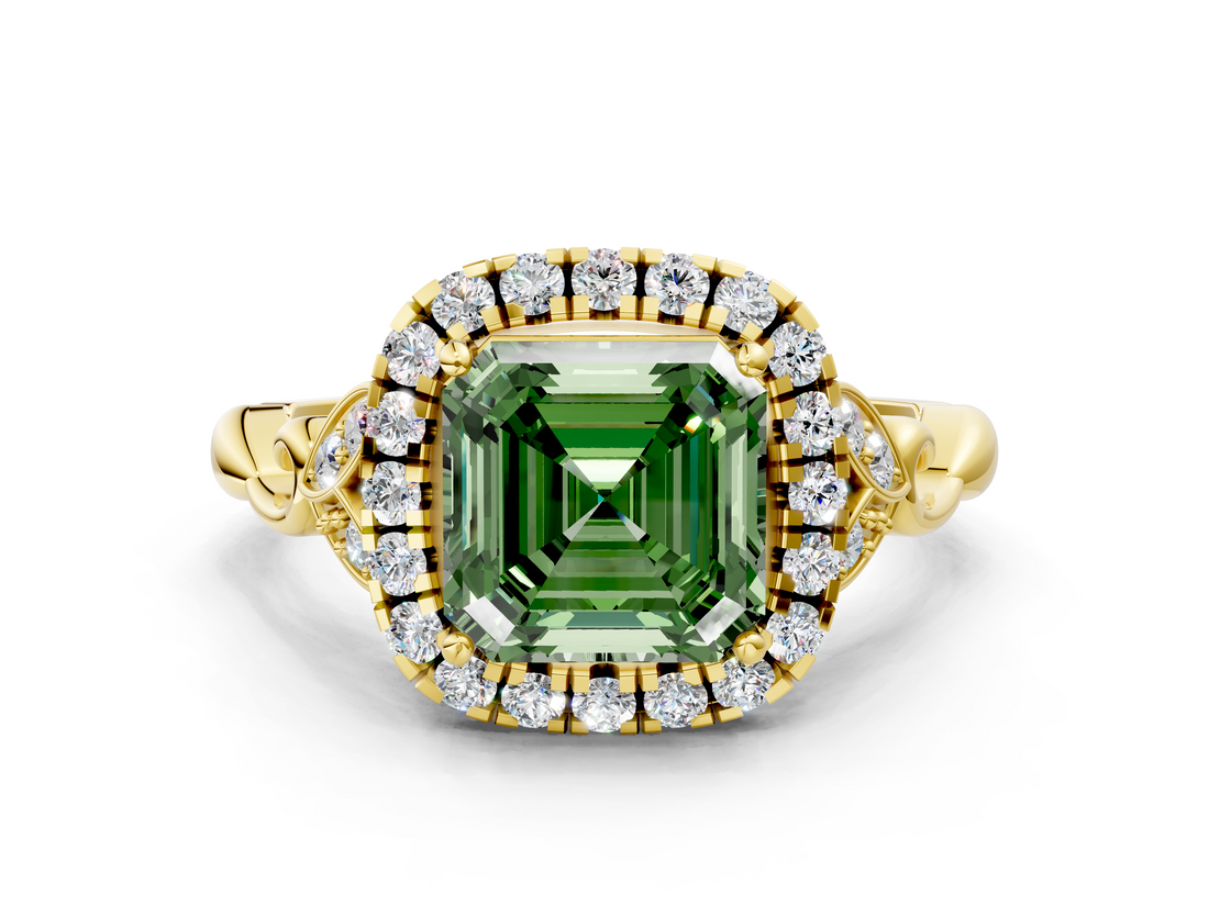 Yellow gold Fancy Green Asscher  Halo Diamond Engagement Ring with Vintage-Inspired Band and Four-Prong Setting_3