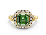 Yellow gold Fancy Green Asscher  Halo Diamond Engagement Ring with Vintage-Inspired Band and Four-Prong Setting_3