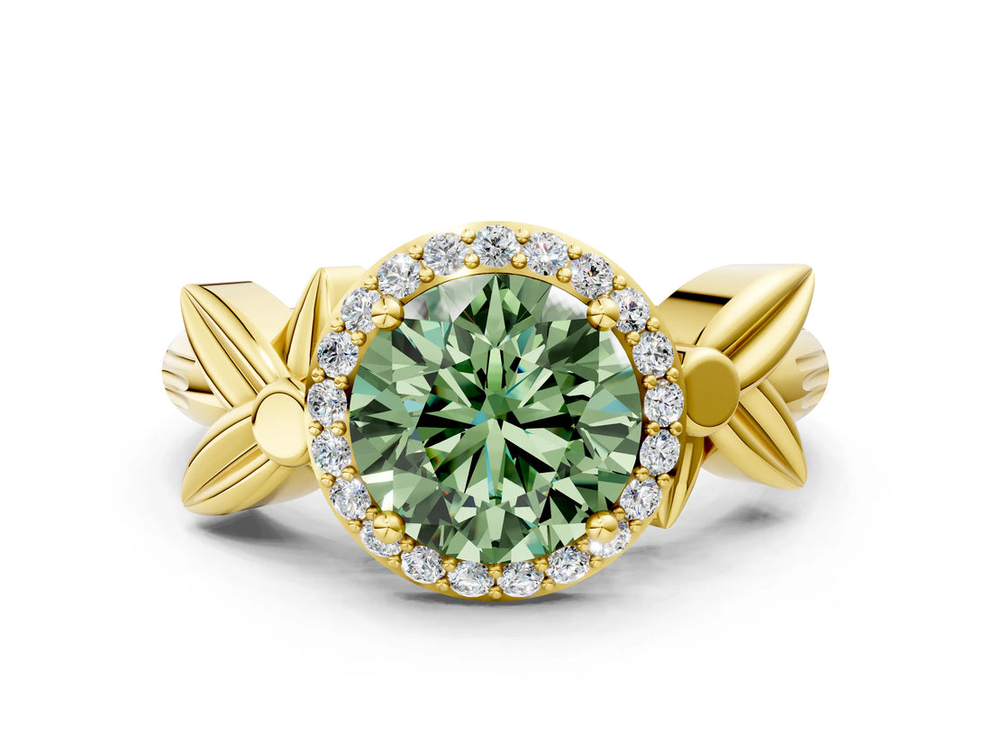 Yellow gold Fancy Green Asscher  Halo Diamond Floral Band with Four-Prong Setting_35