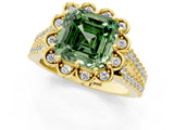 Yellow gold Fancy Green Asscher  Halo Diamond Floral Split Shank Engagement Ring 1
