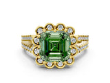 Yellow gold Fancy Green Asscher  Halo Diamond Floral Split Shank Engagement Ring